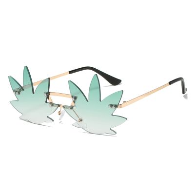 LJCZKA Maple Leaf Shape Sunglasses Women Men - Rimless Funky Glasses Rave Festival Party Halloween Christmas Accessories (Gold Gradient Green)