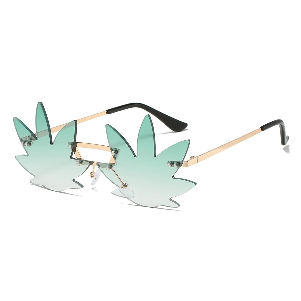 LJCZKA Maple Leaf Shape Sunglasses Women Men - Rimless Funky Glasses Rave Festival Party Halloween Christmas Accessories (Gold Gradient Green)