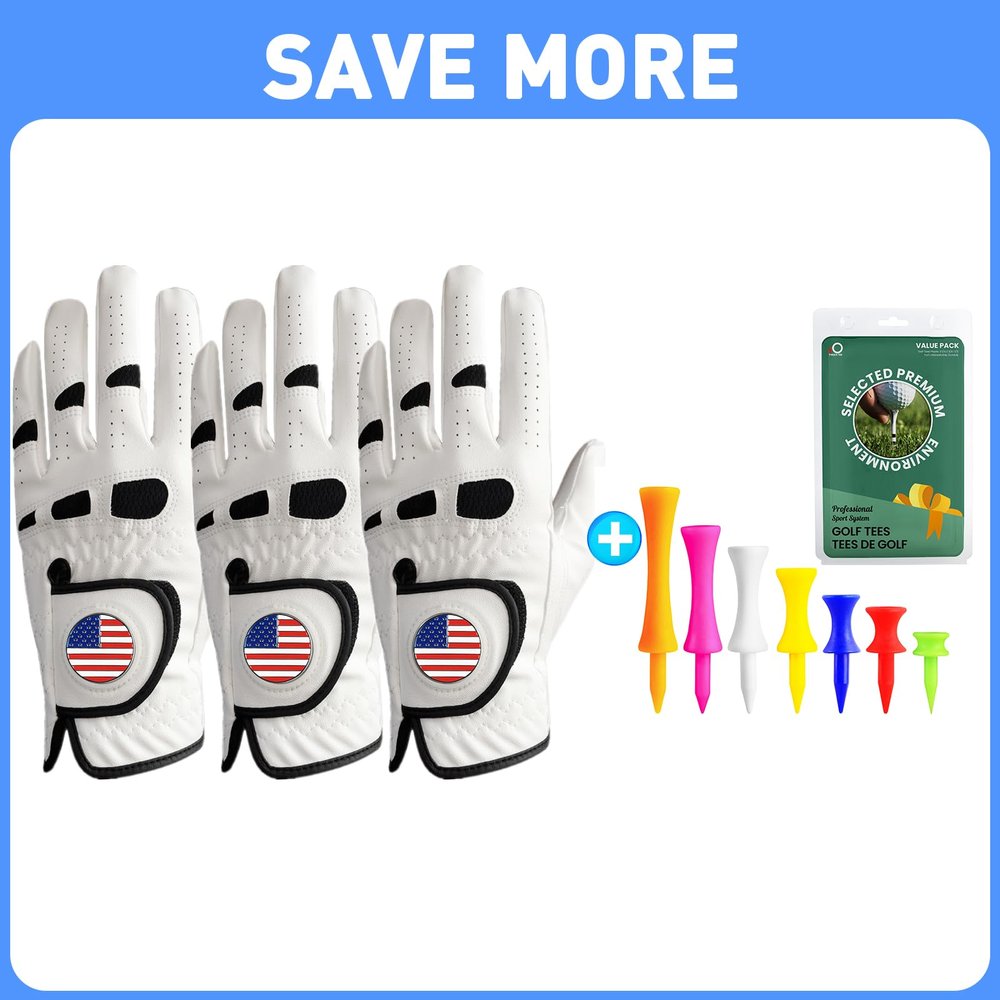 Amy Sport Golf Gloves Men Left Hand Right Handed Golfer 3 Pack with Ball Marker Golf Tees Step Down Plastic Unbreakable 50 Pack Reusable Bulk