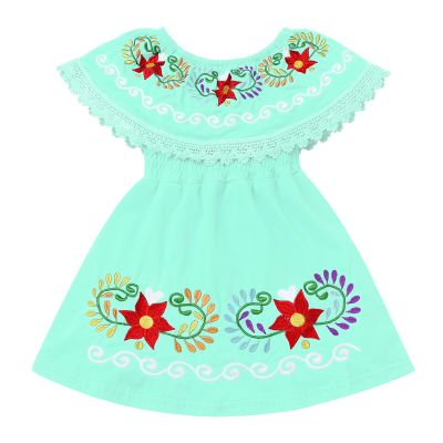 ABAFIP Baby Girls Toddler Kids Mexican Dress Sleeveless Ruffle Floral Embroidery Traditional Fiesta Dress Light Green 18-24 Months