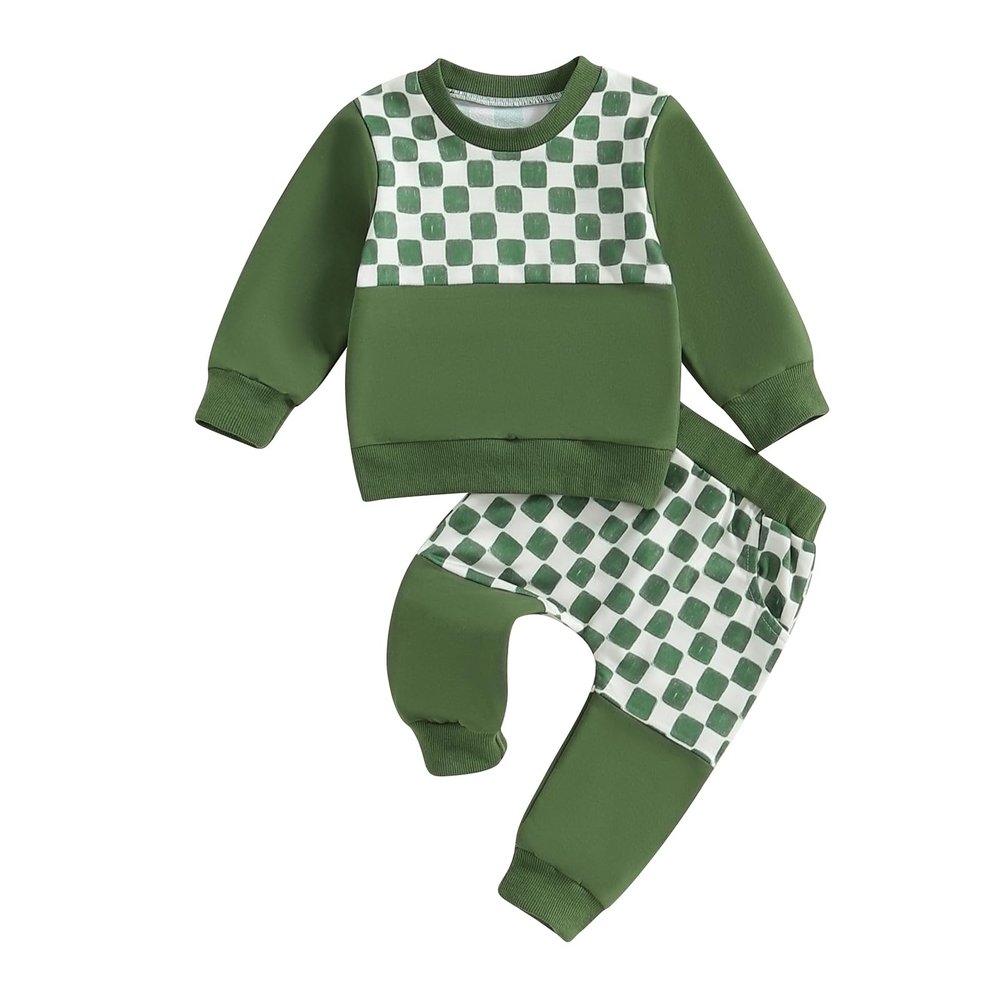 Kutterild Toddler Baby Boy Clothes Checkerboard Long Sleeve Sweatshirts Jogger Pants Newborn Infant Fall Winter Outfit Set (Green, 6-12 Months)