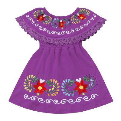 ABAFIP Baby Girls Toddler Kids Mexican Dress Sleeveless Ruffle Floral Embroidery Traditional Fiesta Dress Dark Purple 3-4T
