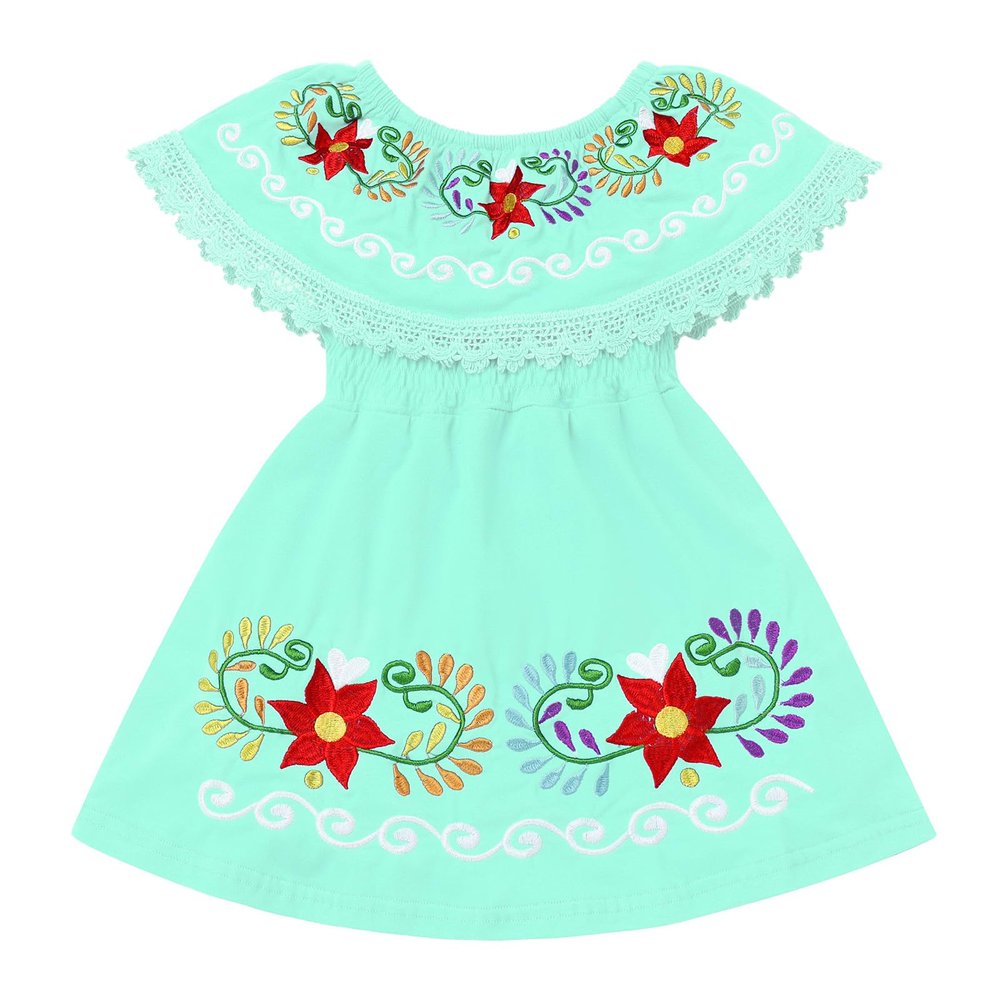 ABAFIP Baby Girls Toddler Kids Mexican Dress Sleeveless Ruffle Floral Embroidery Traditional Fiesta Dress Light Green 3-4T