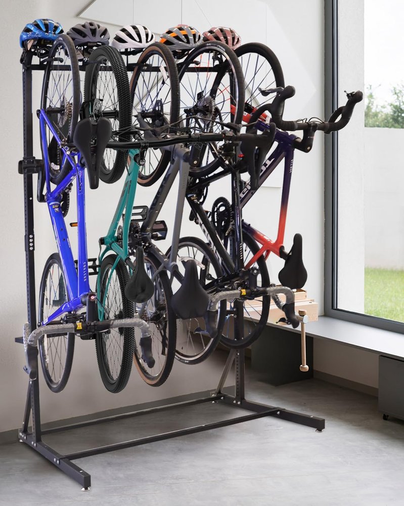 GULIMENG Freestanding Bike Rack Storage - Vertical Bike Stand Max 5 Bikes with Helmet Holders, Heavy-Duty Solid Steel Bicycle Stand Indoor Garage Floor Stand for Home & Garage& Bike Park