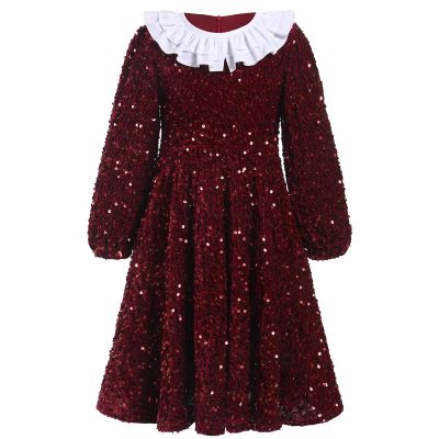 FYMNSI Toddler Girls Christmas Dress Sparkle Sequins Long Puff Sleeve Velvet Dress Detachable Ruffles Collar Kids Fall Winter Outfits Flower Girl Dresses Wedding Birthday Party Gowns Wine Red 3-4T