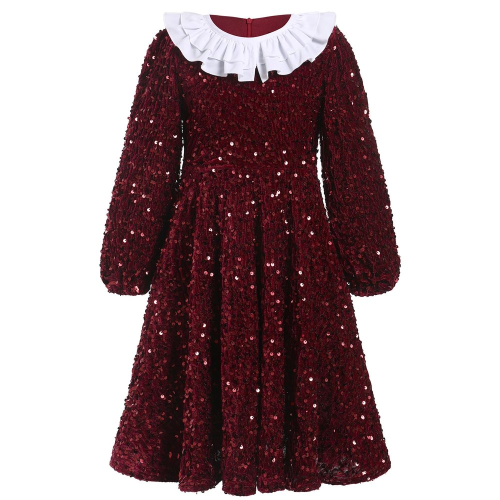 FYMNSI Toddler Girls Christmas Dress Sparkle Sequins Long Puff Sleeve Velvet Dress Detachable Ruffles Collar Kids Fall Winter Outfits Flower Girl Dresses Wedding Birthday Party Gowns Wine Red 3-4T