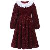FYMNSI Toddler Girls Christmas Dress Sparkle Sequins Long Puff Sleeve Velvet Dress Detachable Ruffles Collar Kids Fall Winter Outfits Flower Girl Dresses Wedding Birthday Party Gowns Wine Red 3-4T view 1