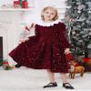 FYMNSI Toddler Girls Christmas Dress Sparkle Sequins Long Puff Sleeve Velvet Dress Detachable Ruffles Collar Kids Fall Winter Outfits Flower Girl Dresses Wedding Birthday Party Gowns Wine Red 3-4T view 3