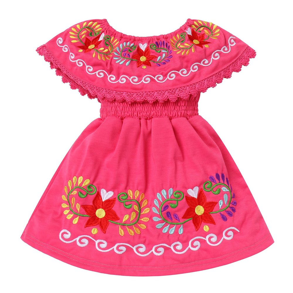 ABAFIP Baby Girls Toddler Kids Mexican Dress Sleeveless Ruffle Floral Embroidery Traditional Fiesta Dress Watermelon Red 3-4T
