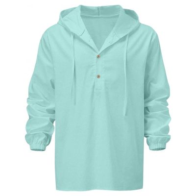 Men's Cotton Linen Drawstring Hoodie Long Sleeve Button Down Beach Shirts Lightweight Hooded Casual Shirt Top (X-Large,Green)