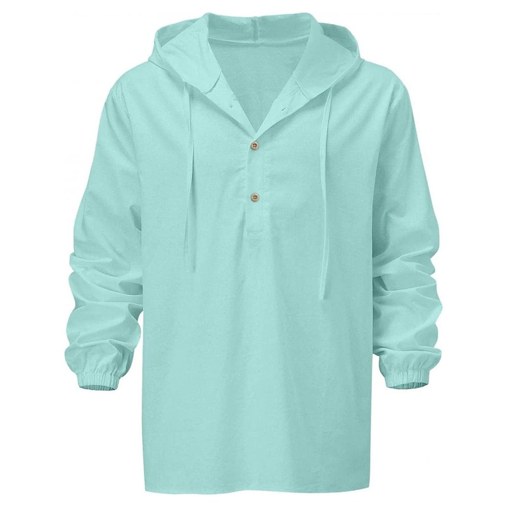 Men's Cotton Linen Drawstring Hoodie Long Sleeve Button Down Beach Shirts Lightweight Hooded Casual Shirt Top (X-Large,Green)