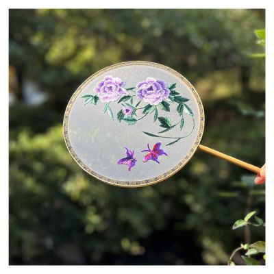Chinese Round Fan, Vintage Wooden Fabric Handheld Fan for Women Decoration Party Gift, Double-sided Embroidery