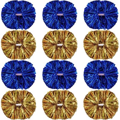Hoteam 12 Pack Cheerleading Pom Poms Cheer Pompoms with Baton Handle Metallic Foil Pompoms for Adult for Team Sports Party Dance Cheering Squad Accessories, 14 Inch (Blue,Gold)