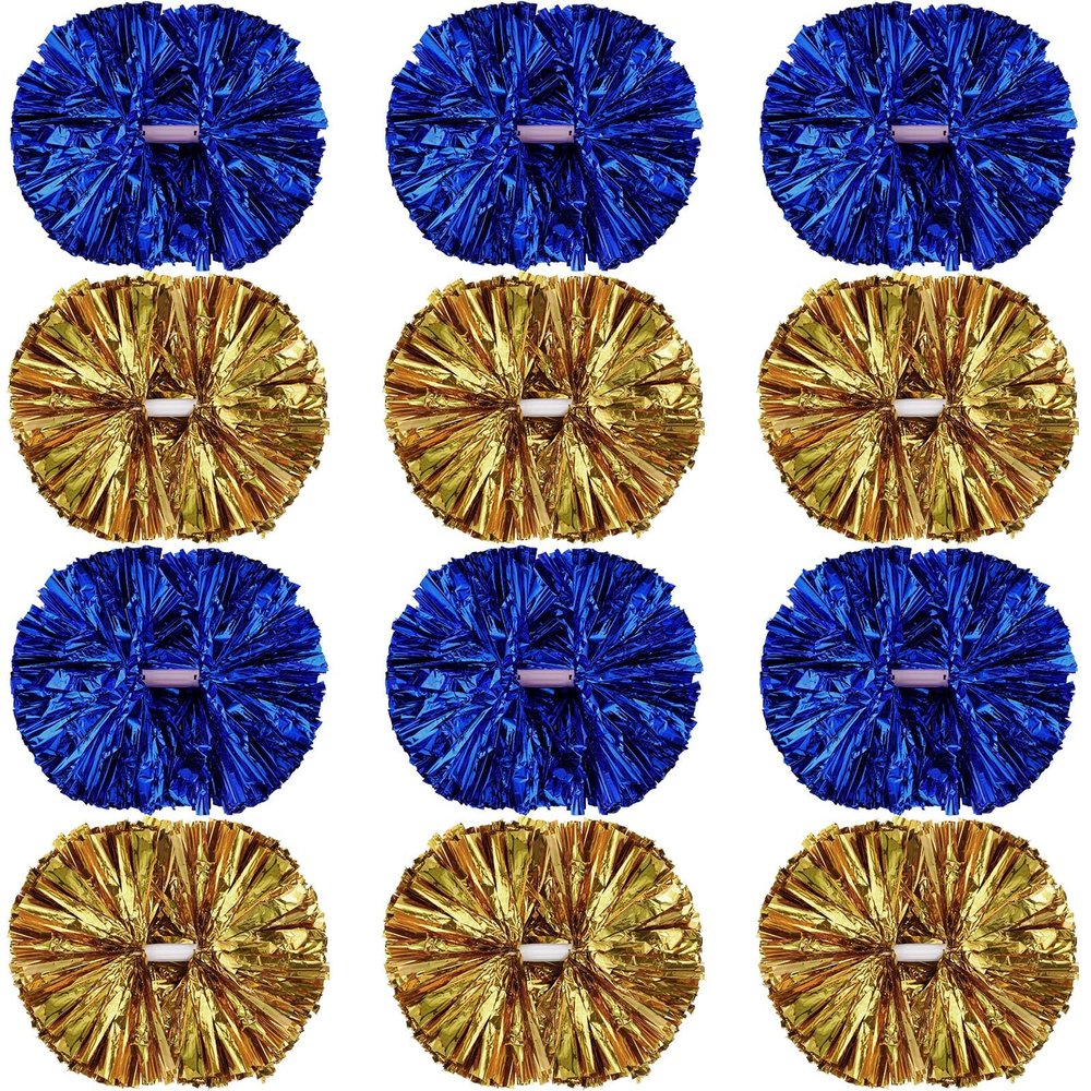 Hoteam 12 Pack Cheerleading Pom Poms Cheer Pompoms with Baton Handle Metallic Foil Pompoms for Adult for Team Sports Party Dance Cheering Squad Accessories, 14 Inch (Blue,Gold)