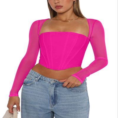 REORIA Women's Cute Trendy Mesh Long Sleeve Boned Square Neck Fall Crop Tops Corset 2024 Slim Fitted Going Out Outfits Valentines Day Shirts (Neon Rose Red Large)