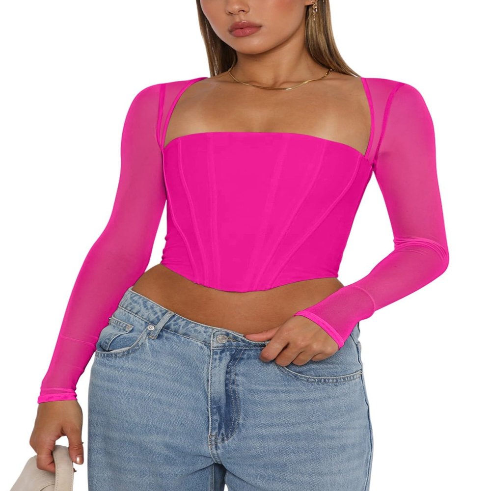 REORIA Women's Cute Trendy Mesh Long Sleeve Boned Square Neck Fall Crop Tops Corset 2024 Slim Fitted Going Out Outfits Valentines Day Shirts (Neon Rose Red Large)