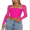REORIA Women's Cute Trendy Mesh Long Sleeve Boned Square Neck Fall Crop Tops Corset 2024 Slim Fitted Going Out Outfits Valentines Day Shirts (Neon Rose Red Large) view 1