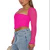 REORIA Women's Cute Trendy Mesh Long Sleeve Boned Square Neck Fall Crop Tops Corset 2024 Slim Fitted Going Out Outfits Valentines Day Shirts (Neon Rose Red Large) view 3