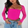 REORIA Women's Cute Trendy Mesh Long Sleeve Boned Square Neck Fall Crop Tops Corset 2024 Slim Fitted Going Out Outfits Valentines Day Shirts (Neon Rose Red Large) view 4