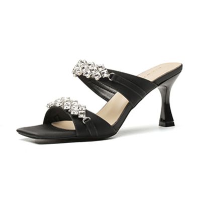 ALISSE Women's Rhinestone Square Toe Heeled Sandals Slip On Peep Toe Stilettos Heels Mules Slippers Slides Fashion Backless Pump Shoes(Black,8.5)