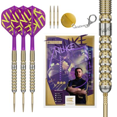 Target Darts Luke Littler Gen 1 Prodigy Steel Tip Swiss Point Darts, 90% Tungsten Darts, 23G | Generation 1 Gold Steel Tip Darts, Player Edition Swiss Points Dart Sets, K-Flex Flights and Shafts