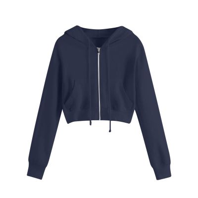 Rkwins Cropped Sweatshirts for Women Zip Up Cute Hoodies Lightweight Long Sleeve Sweatshirt Slim Fit Jacket with Pockets Dark Blue
