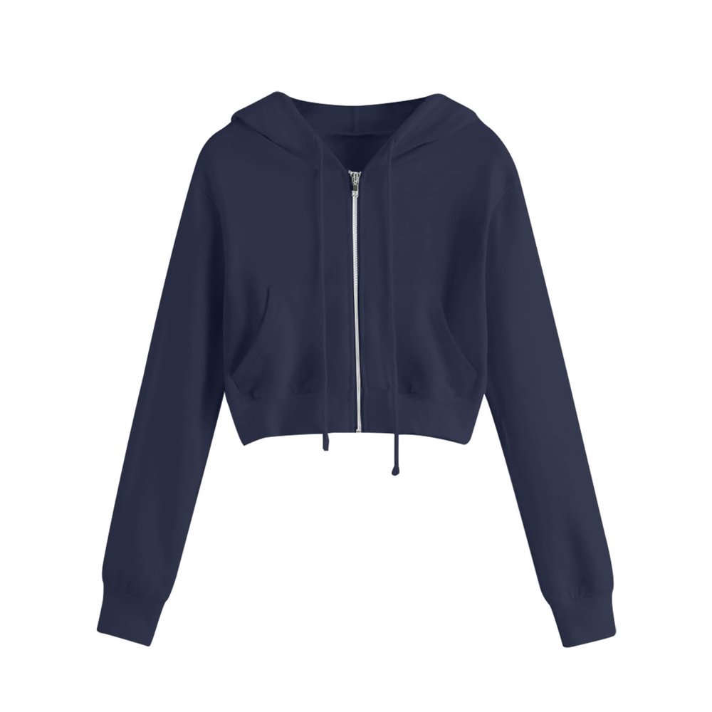 Rkwins Cropped Sweatshirts for Women Zip Up Cute Hoodies Lightweight Long Sleeve Sweatshirt Slim Fit Jacket with Pockets Dark Blue