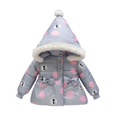 Toddler Baby Girls Padded Jacket Coat Cute Cat Print Puffer Warm Polka Dots Zipper Hooded Outerwear (Grey, 18-24 Months)