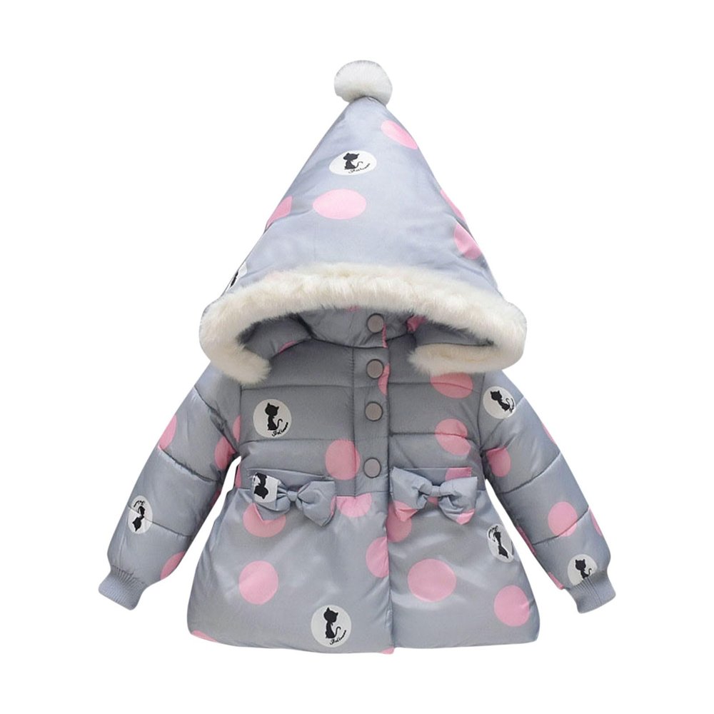 Toddler Baby Girls Padded Jacket Coat Cute Cat Print Puffer Warm Polka Dots Zipper Hooded Outerwear (Grey, 18-24 Months)