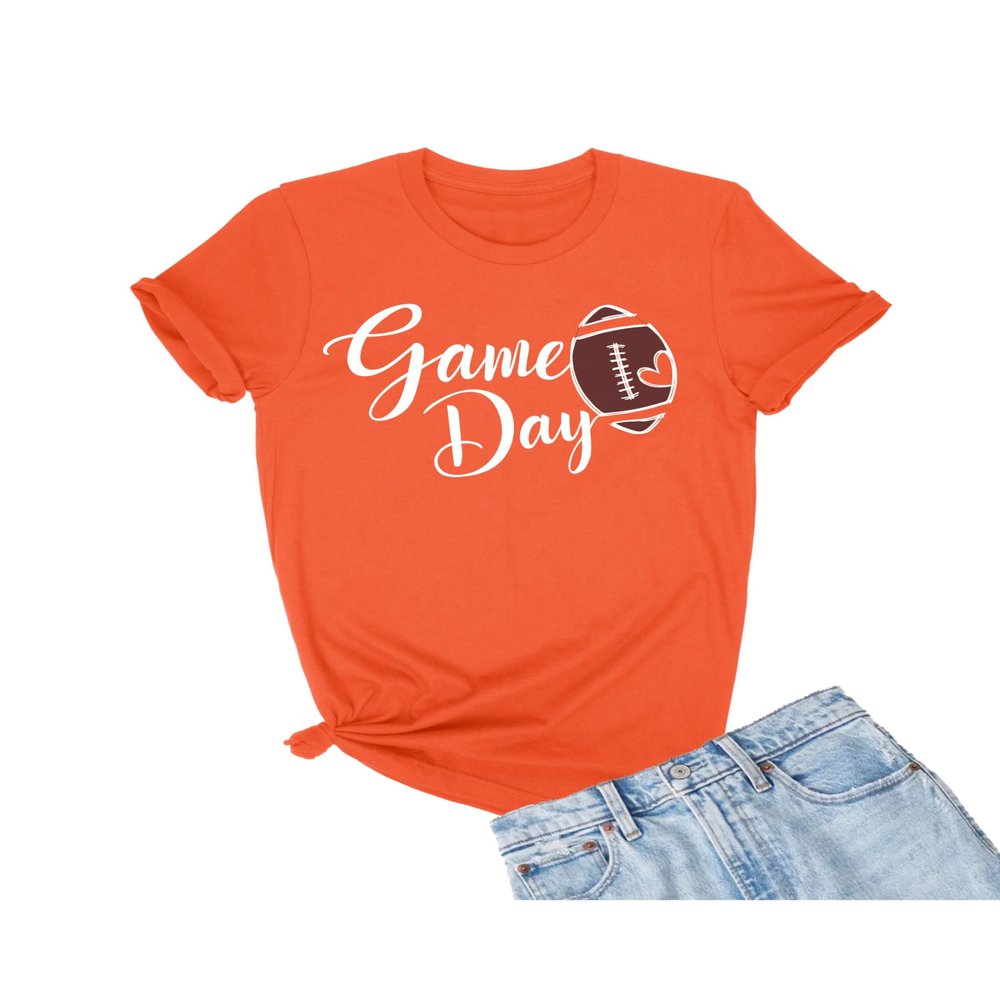 XX-Large Orange Mens Cute Script Game Day Football Heart T-Shirt