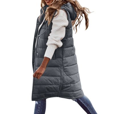 FQFGGYD Long Puffer Vest Women Quilted Hooded Sleeveless Down Vest Outerwear Padded Jacket Fall Winter Coat with Pockets