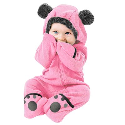 Newborn Baby Boy Girl Fleece Footed Jumpsuit Bear Ears Hooded Romper Zip up Outerwear Coat Infant (Pink, 3-6 Months)