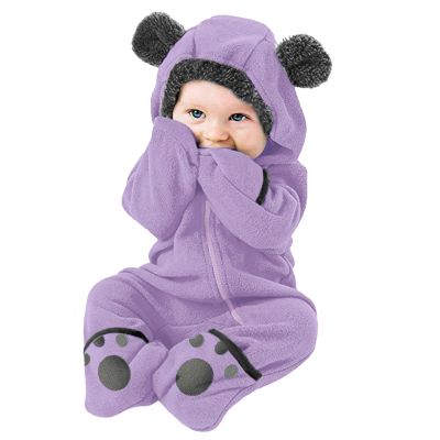 Newborn Baby Boy Girl Fleece Jumpsuit Bear Ears Footed Hooded Romper Zip up Winter Thick Warm Coat (Purple, 3-6 Months)
