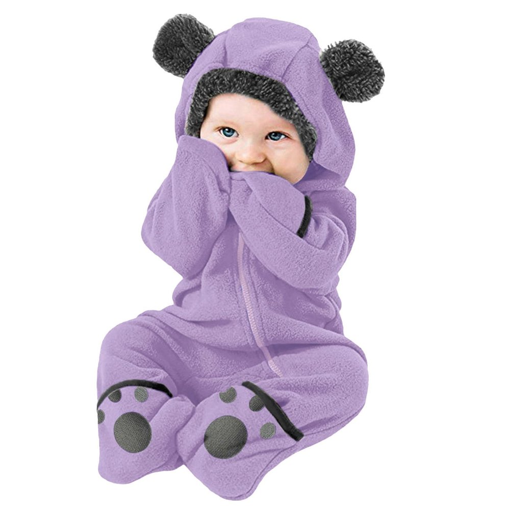 Newborn Baby Boy Girl Fleece Jumpsuit Bear Ears Footed Hooded Romper Zip up Winter Thick Warm Coat (Purple, 3-6 Months)