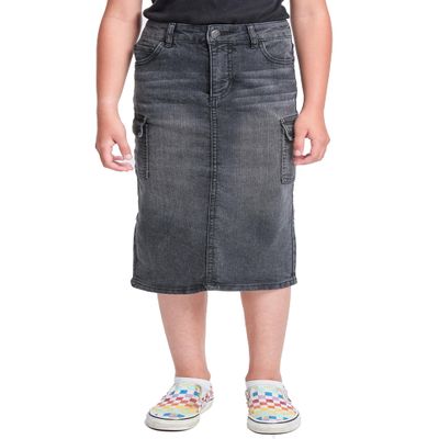 YMI Jeans Girls Denim Long Cargo Clean Hem Skirt, Black, 07