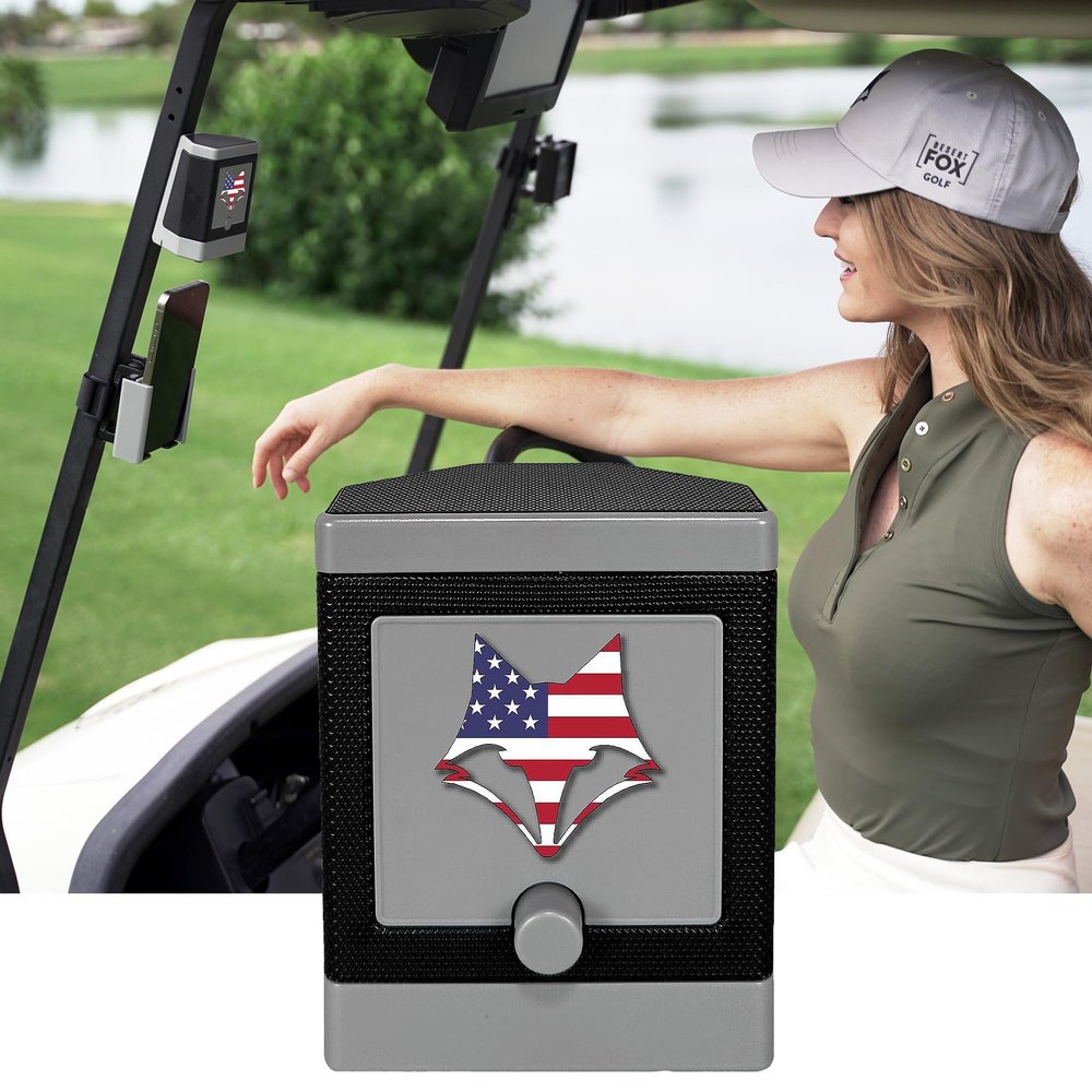 DESERT FOX GOLF DJ-10 Golf Cart Bluetooth Speaker Wireless Magnetic Golf Speaker with Secure Mount Loud, Weatherproof Sound with Retro Volume Knob & Built-in Charging (Gray w/US Flag)