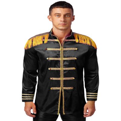dPois Men Sergeant Pepper Costume Tassel Jacket 60s Satin Cardigan Coat Medieval Hippy Party Costume Black Small