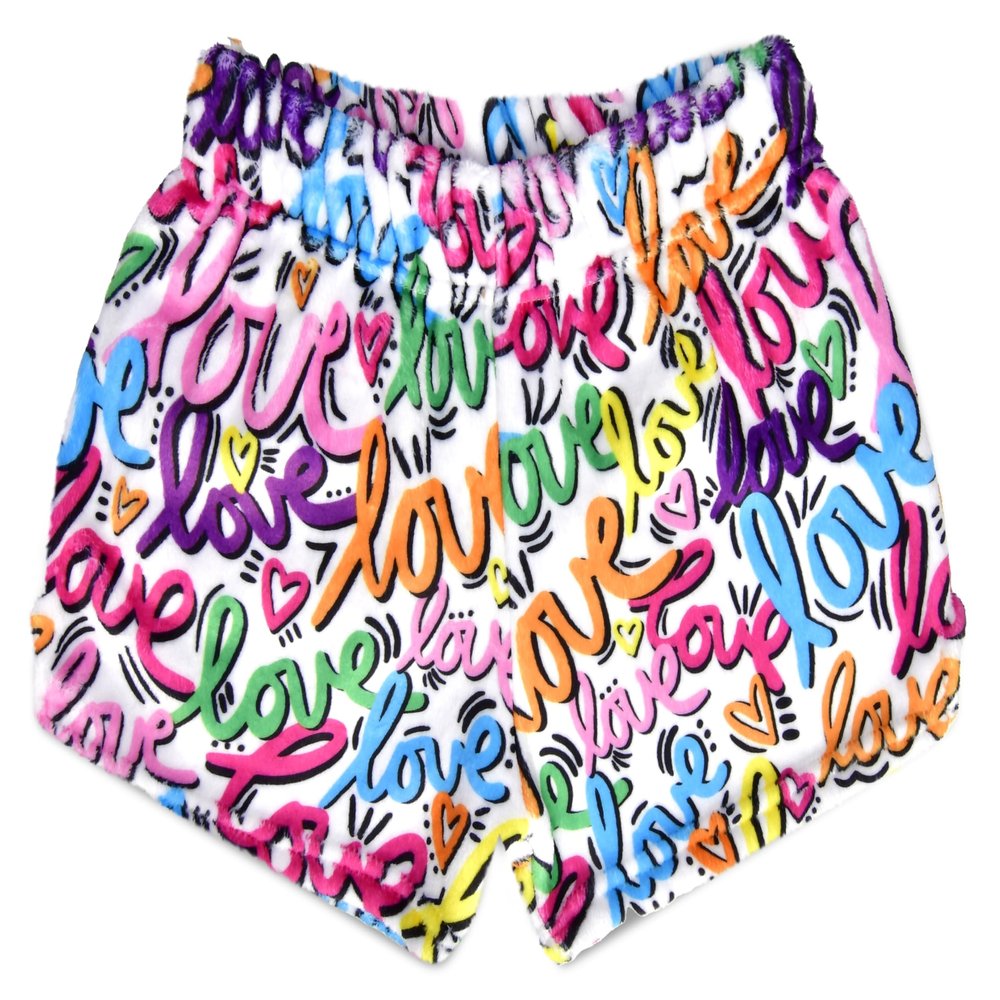 iscream + Corey Paige Designs Big Girls Bright Print Silky Soft Plush Shorts - Love Letters, Large (14)