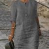 Akivide Womens Casual Cotton Linen Half Sleeve Dress Summer Crew Neck Button Linen Knee Length Dress Loose Solid Midi Dress view 2