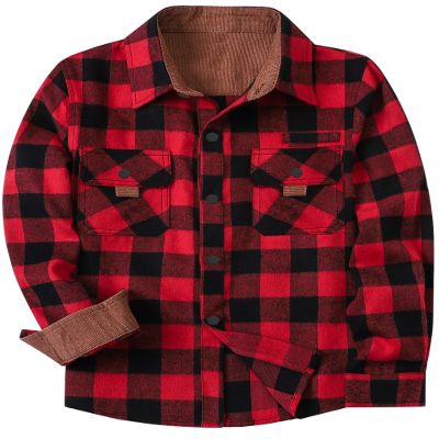 SANGTREE Boys Flannel Shirts Long Sleeve Button Down Plaid Shirts, Shacket Red Black Plaid, 8-9 Years = Tag 150