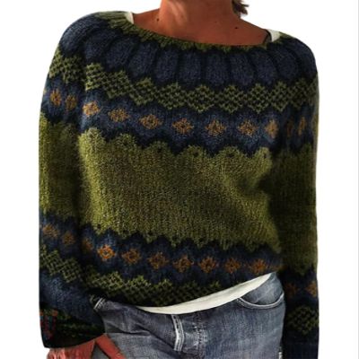Cropped Ugly Sweaters for Women Vintage Print Long Sleeve Knit Sweater Fall Fair Isle Sweater Casual Loose Pullover Boho Tops Winter 2024