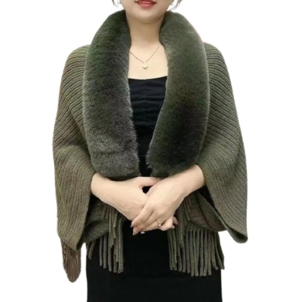 YWeiLiangSan Ladies Knitted Loose Thickened Shawl, Knitted Tassel Fur Collar Shawl, Evening Dress Shawls (Green,One Size)