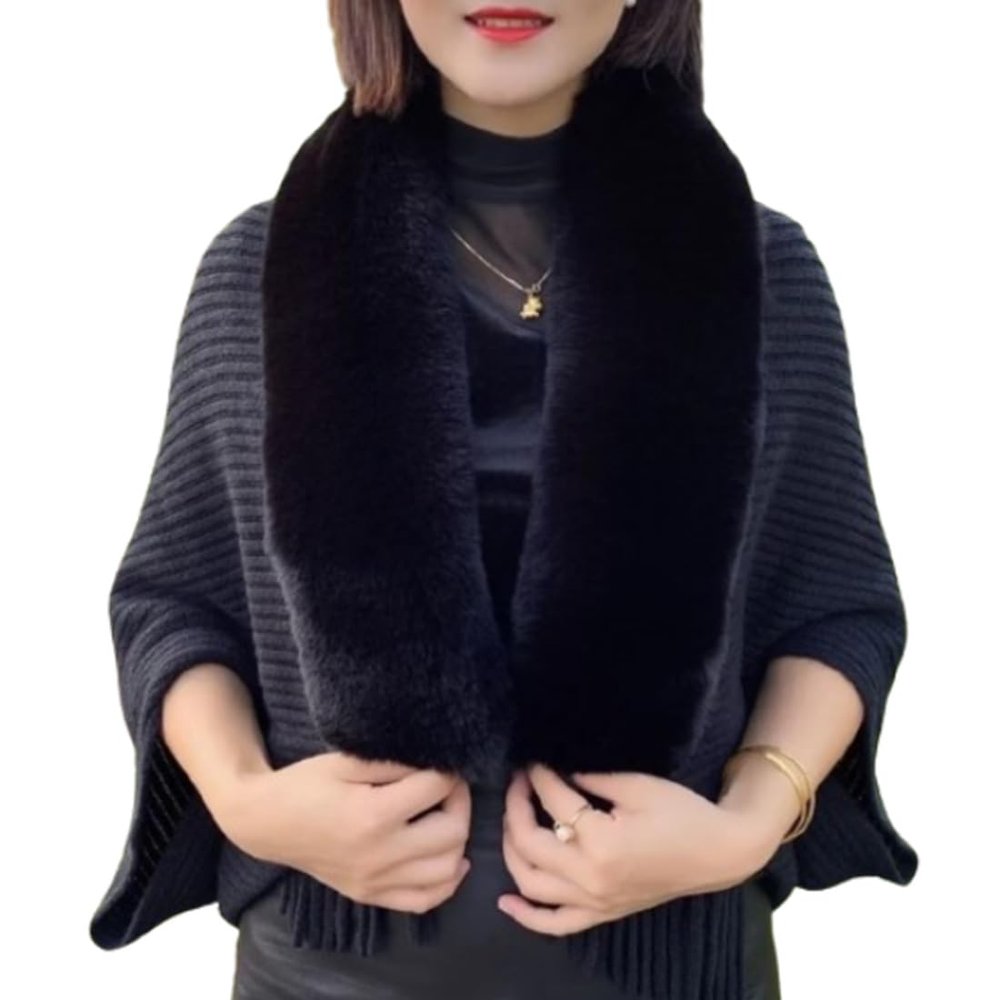 YWeiLiangSan Ladies Knitted Loose Thickened Shawl, Knitted Tassel Fur Collar Shawl, Evening Dress Shawls (Black,One Size)