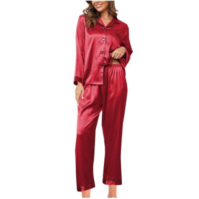 Xiaojmake Women Silk Pajamas Set 2024 Button Down Satin Silk Sleepwear Pj Set Long Sleeve Laple V Neck Loungewear Nightwear Wine