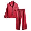 Xiaojmake Women Silk Pajamas Set 2024 Button Down Satin Silk Sleepwear Pj Set Long Sleeve Laple V Neck Loungewear Nightwear Wine view 2