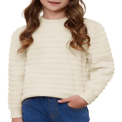 Fdqin Girl's Cream Sweater for Girls Ribbed Knit Textured Crew Neck Long Sleeve Pullover Sweater Jumper Top 4-5Y