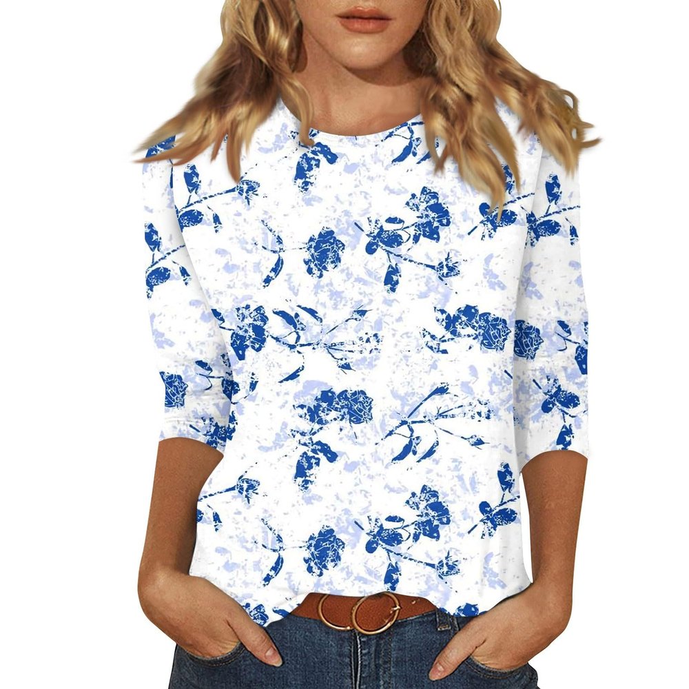 3/4 Length Sleeve Womens Tops Dressy Casual Blouses - Spring Fashion 2026 Plus Size Crew Neck Fitted Tshirts - Business Going Out Trendy Tunics Tops Beach Vacation Outfits 02-Light Blue 2X