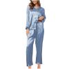 Xiaojmake Women Silk Pajamas Set 2024 Button Down Satin Silk Sleepwear Pj Set Long Sleeve Laple V Neck Loungewear Nightwear Light Blue view 1
