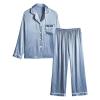 Xiaojmake Women Silk Pajamas Set 2024 Button Down Satin Silk Sleepwear Pj Set Long Sleeve Laple V Neck Loungewear Nightwear Light Blue view 3