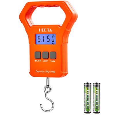HEETA Fish Scale, 110lb/50kg Digital Portable Hanging Fishing Weight Scale with Backlit LCD Display, Luggage Scale with Non-Slip Large ABS Handle & 2 AAA Batteries, Fishing Gifts Gear for Men, Orange